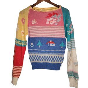 1970s De Rotchild Vintage Patchwork Knit Sweater Size S